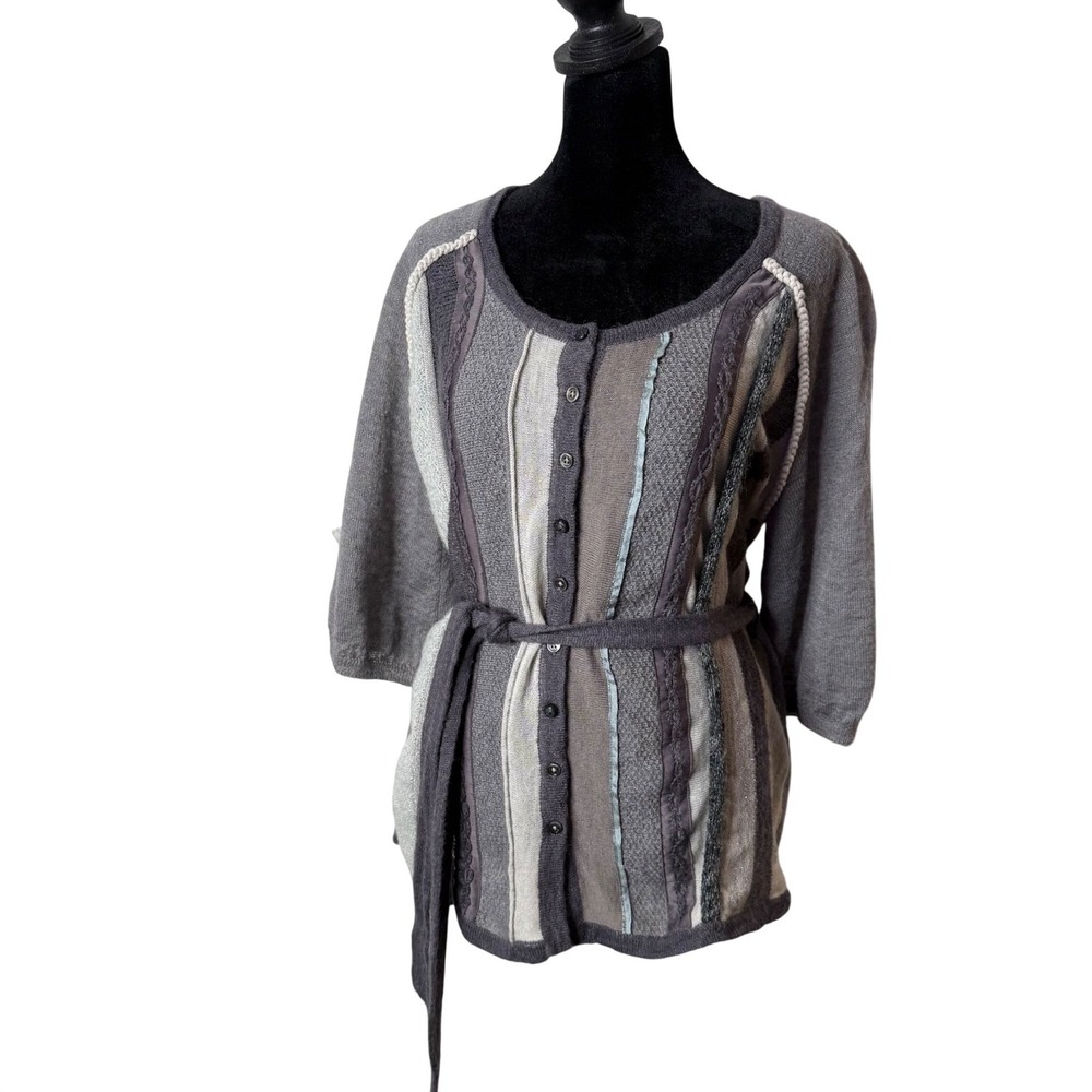 J. Jill Whimsigoth Boho Patchwork Mixed Knit Belted Cardigan Sweater Womens L P